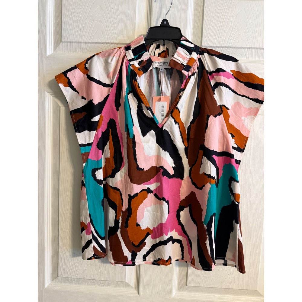 Crosby by Mollie Burch Womens Abstract Print Ruffle Neck Blouse Medium NWT